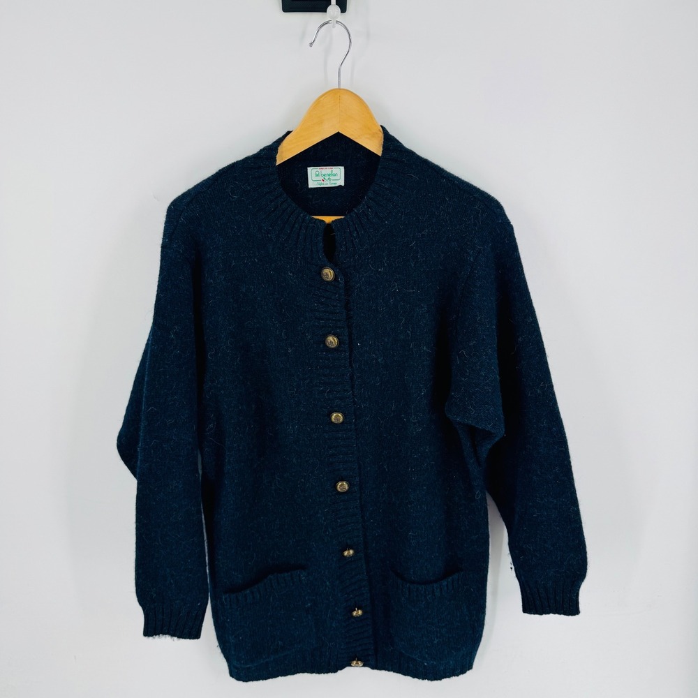 Vintage Wool Benetton Cardigan Oversized Navy Blue Made in Italy Gold Button